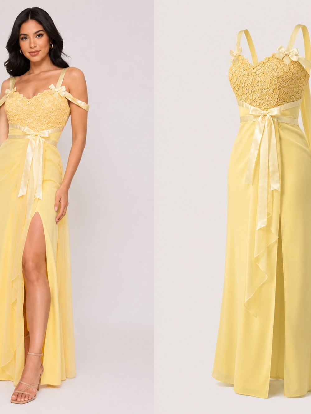 Vintage Elegant Yellow Lace Bodice Evening Dress